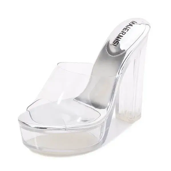 Dodtools Women Fashion Plus Size Transparent Crystal Chunky Heel Platform High