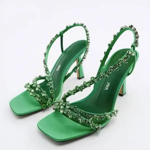 Dodtools Women Fashion Plus Size Sexy Rhinestone Strap Square Toe Heeled Sandals